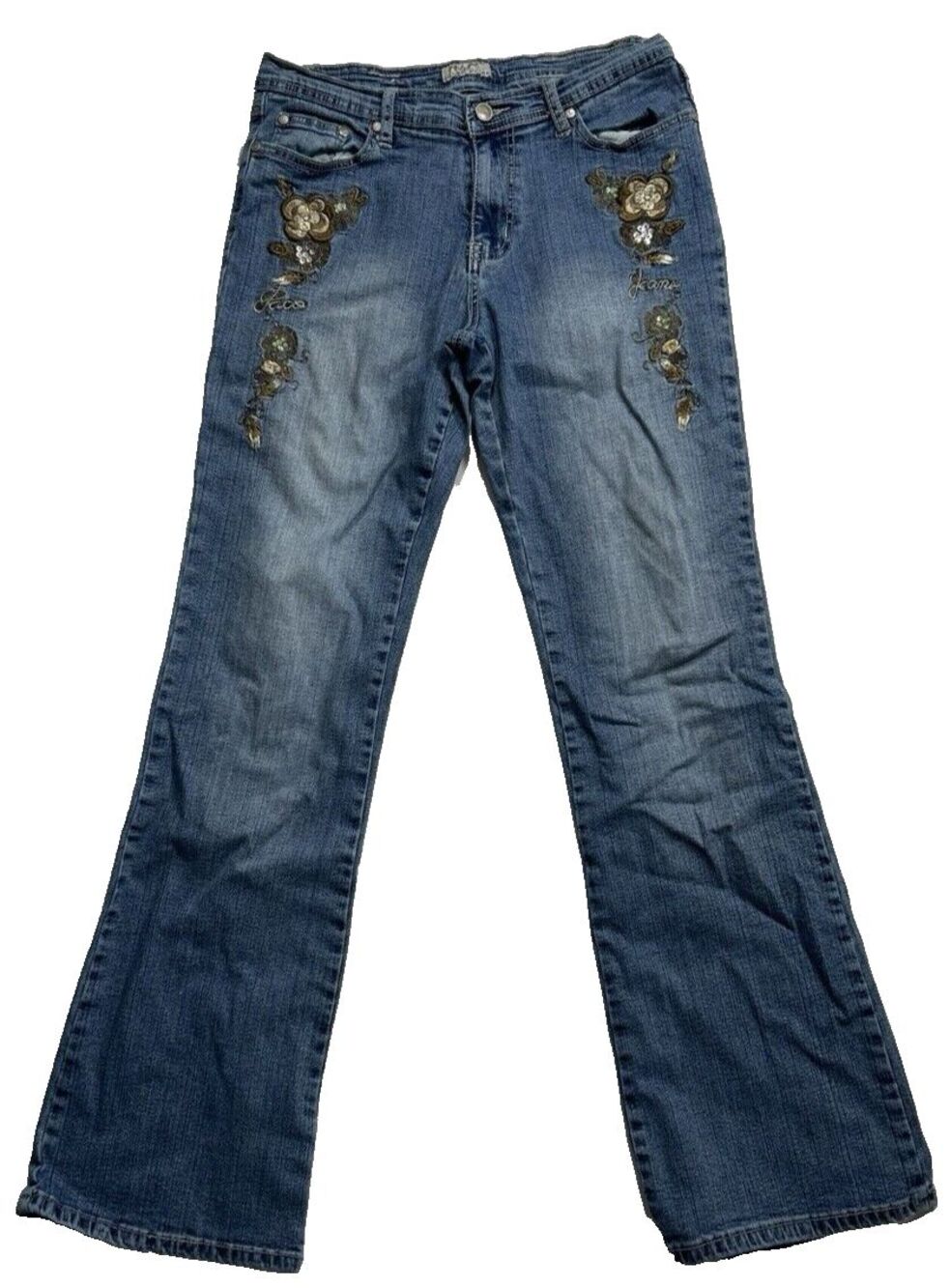 Paco Jeans Women's Sz 11 Blue Embroidered Stretch Faded Flowers Bling Y2K VTG